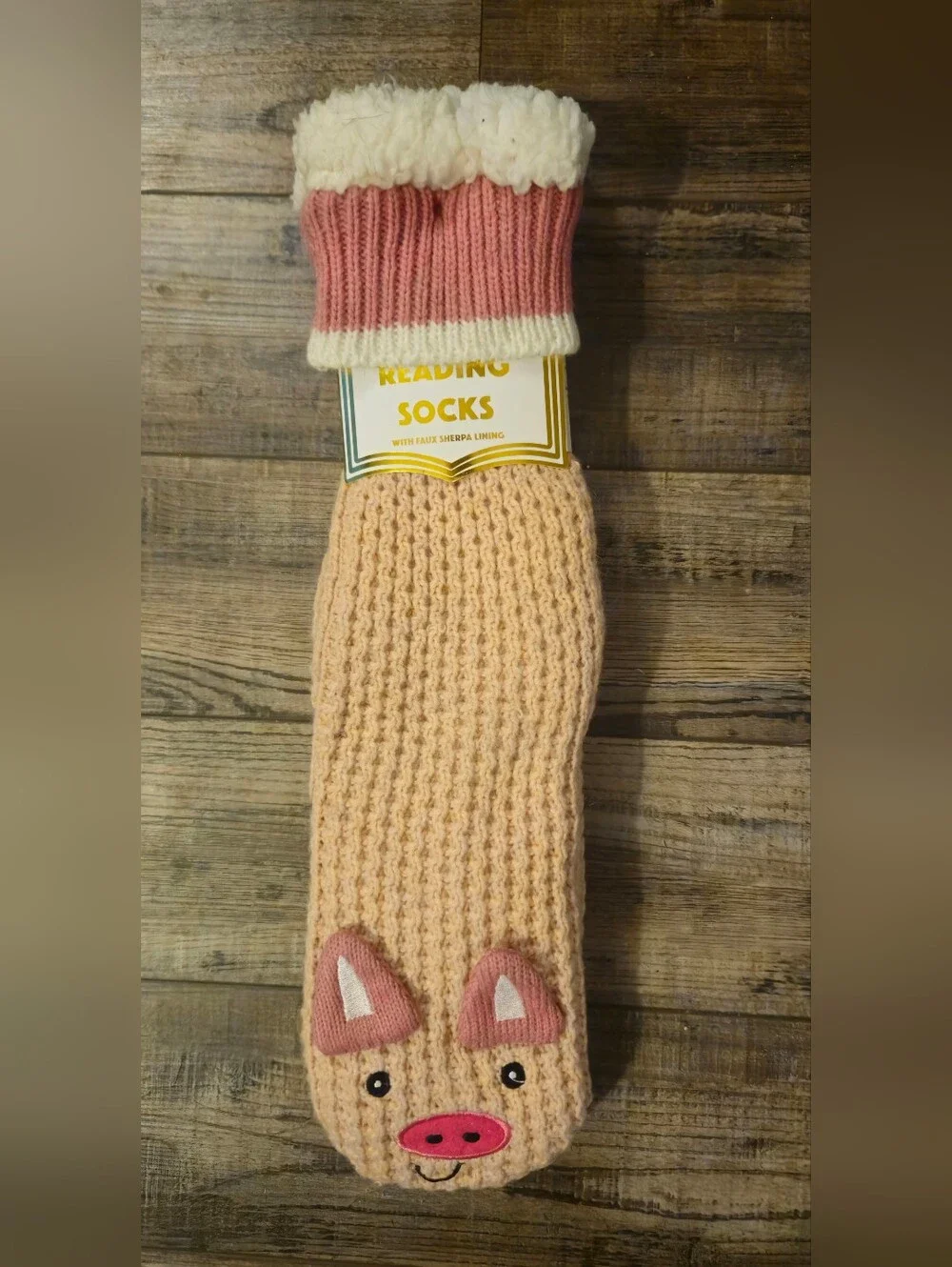 Cozy Pink & Cream Sherpa-Lined  Socks with Pig Face